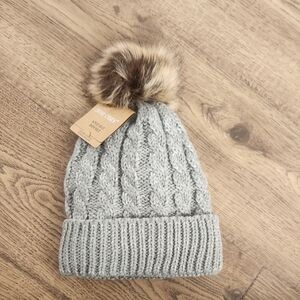 NWT Just Cozy Womens Knit Beanie with Faux Fur Pom and soft sherpa lining